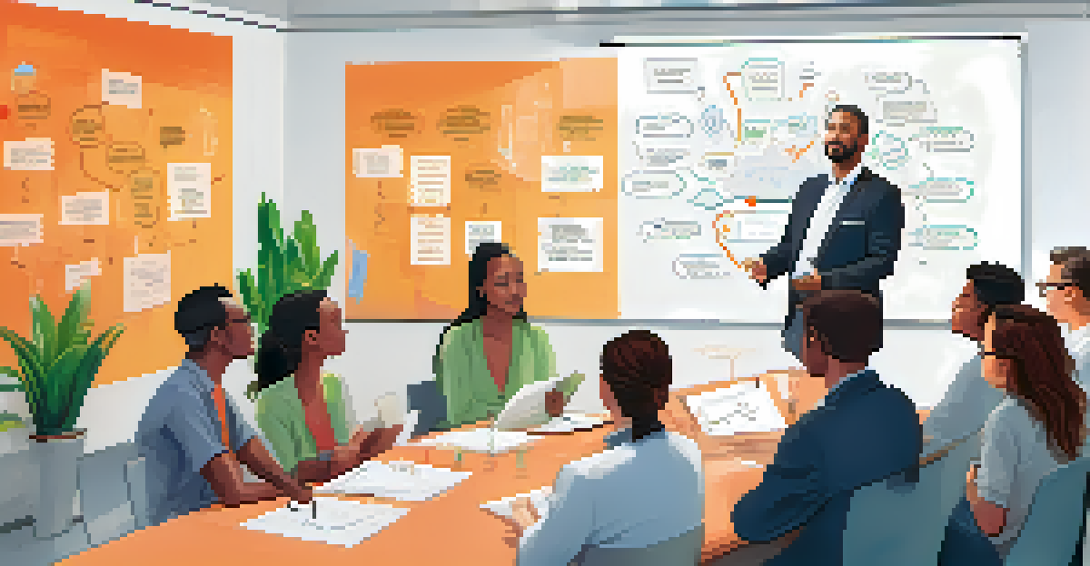 A leader presenting innovative ideas to a team in a bright and colorful office.