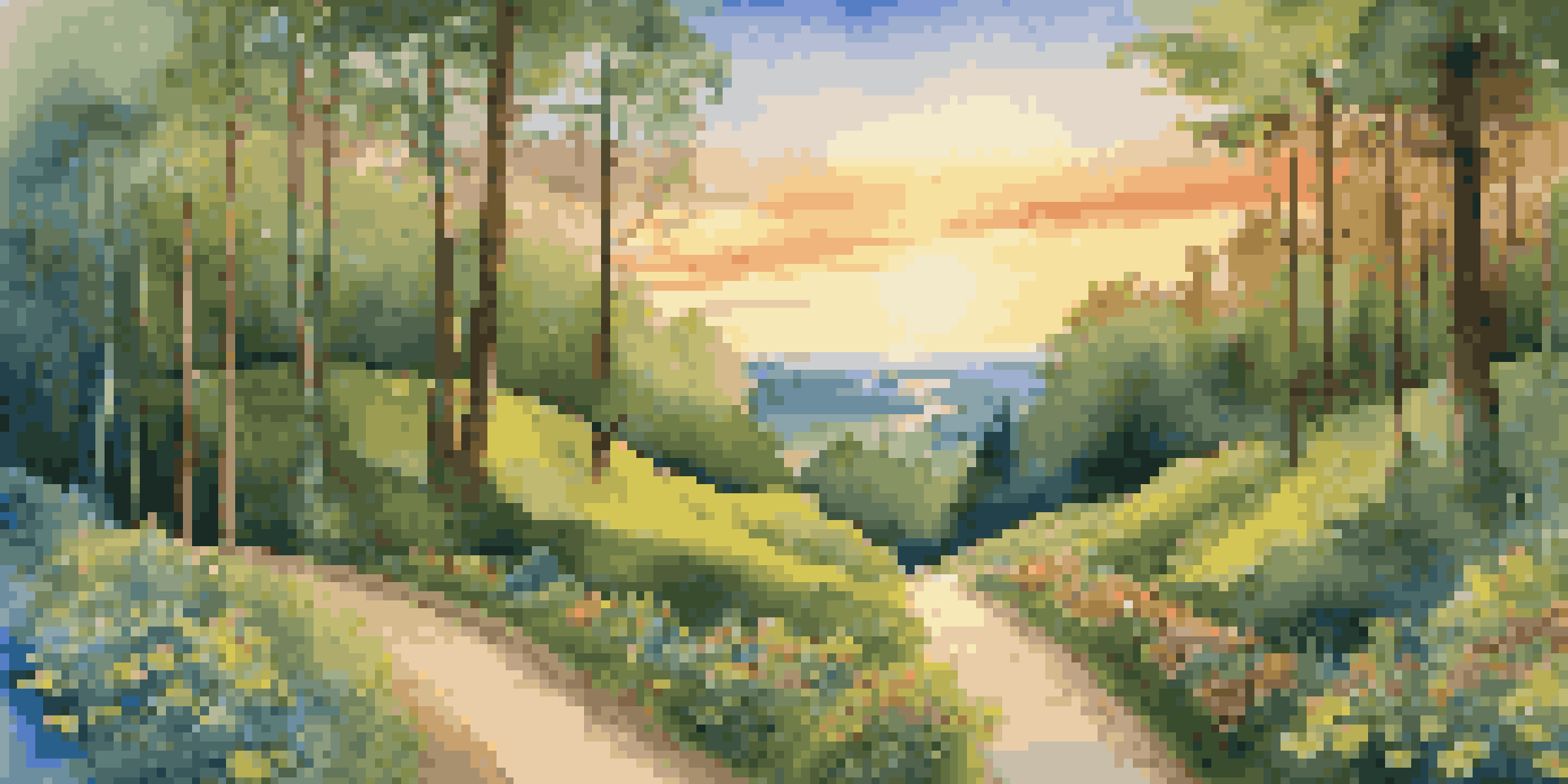 A peaceful forest landscape with a winding path and signposts indicating career goals, illuminated by a warm sunset.