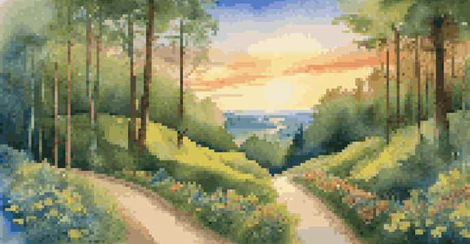 A peaceful forest landscape with a winding path and signposts indicating career goals, illuminated by a warm sunset.