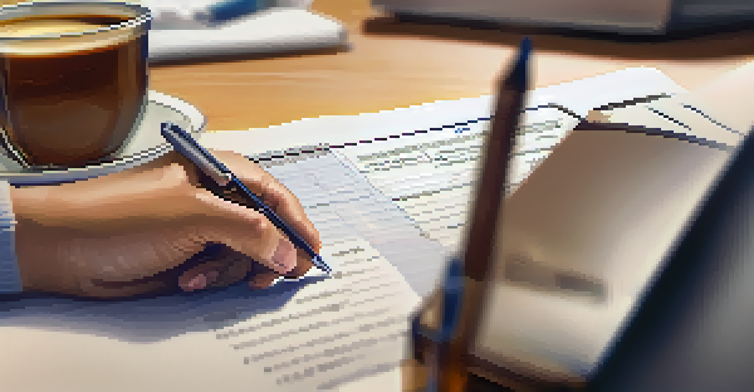 A close-up of a hand writing on a financial planning document with a blurred laptop and calculator in the background, creating an inviting atmosphere.