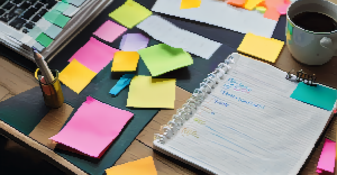 A person writing a budget plan in a notebook, surrounded by colorful sticky notes for career goals in a cozy home office.