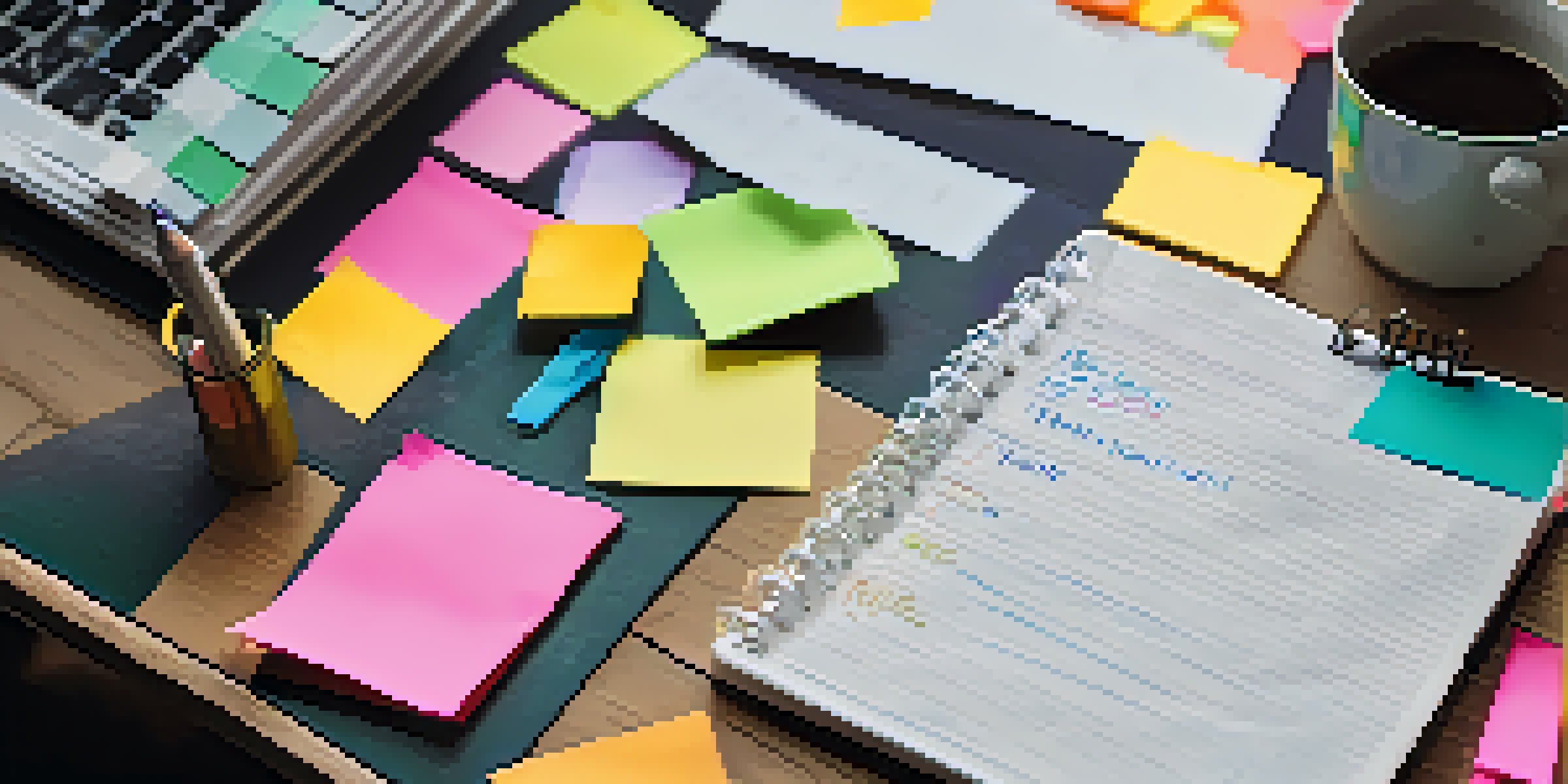A person writing a budget plan in a notebook, surrounded by colorful sticky notes for career goals in a cozy home office.