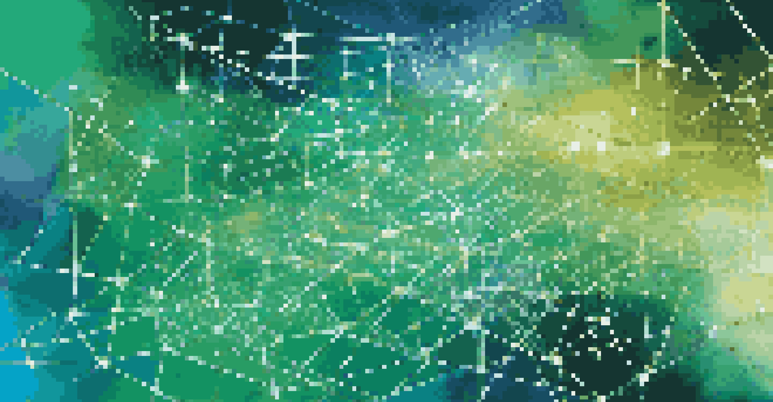 An abstract image illustrating AI in telecommunications, with interconnected nodes and glowing data lines against a blue and green gradient background.