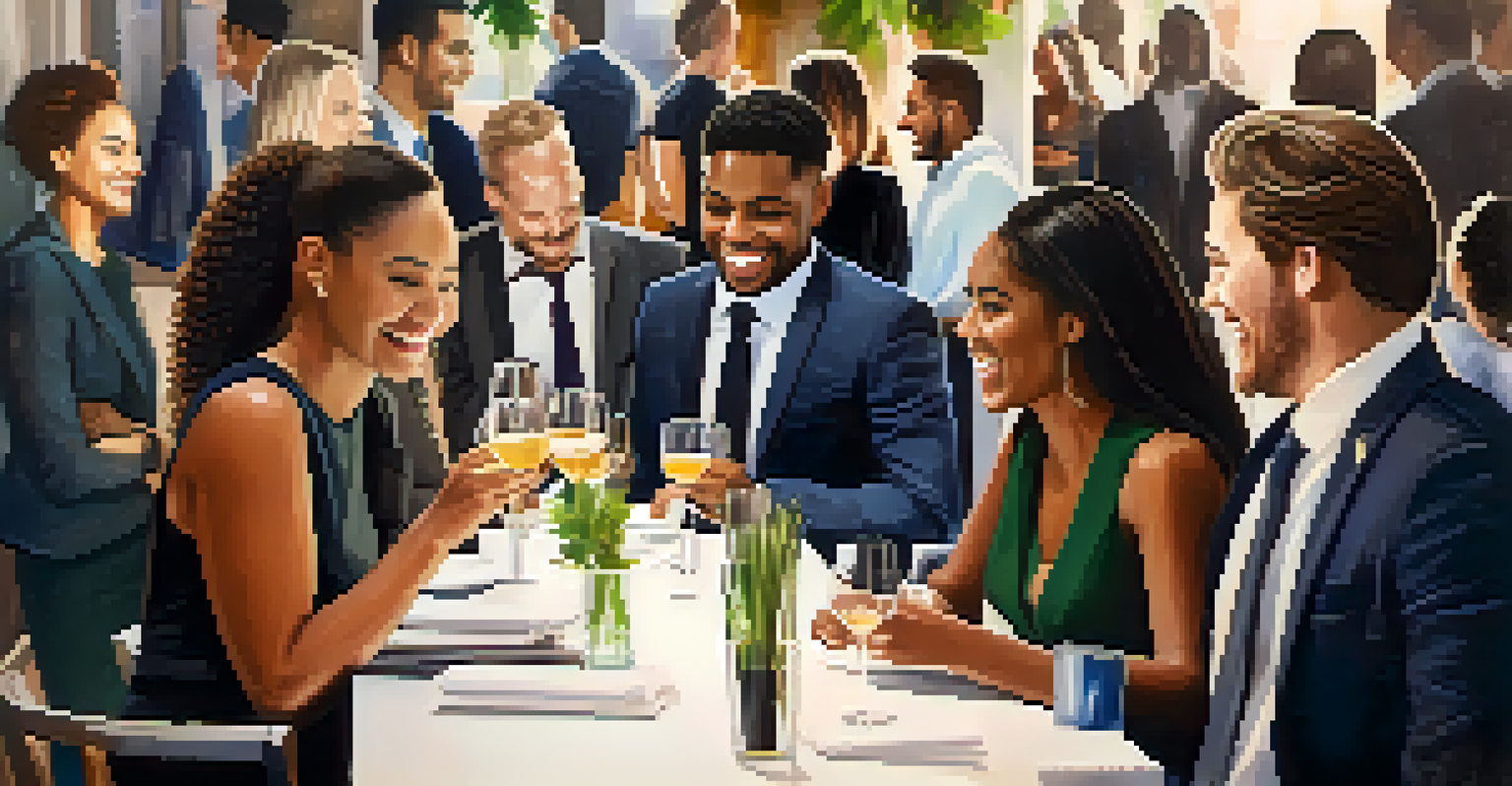 A diverse group of professionals networking at an event, engaged in conversation and exchanging business cards.