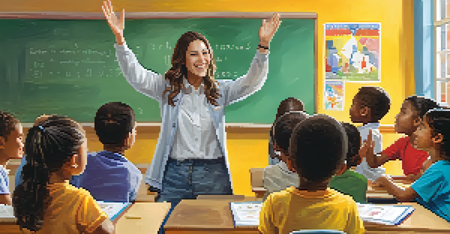 A volunteer teacher interacting with children in a colorful classroom, with students raising their hands to participate.