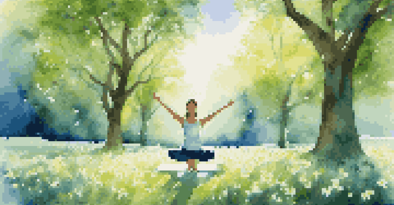 A person practicing yoga in a green park, surrounded by flowers and trees under a clear blue sky.