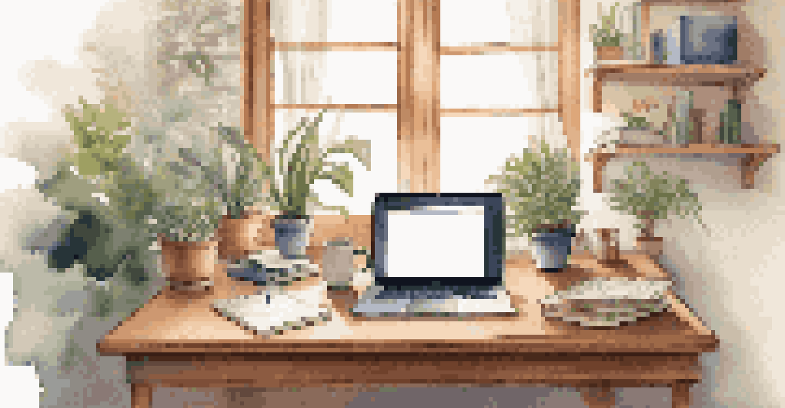 A cozy workspace with plants, a laptop, and a warm light coming through a window.