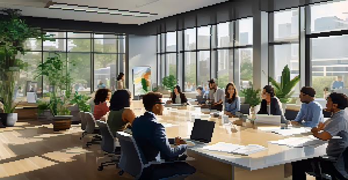 A diverse group of employees in a bright modern office discussing ideas around a conference table.