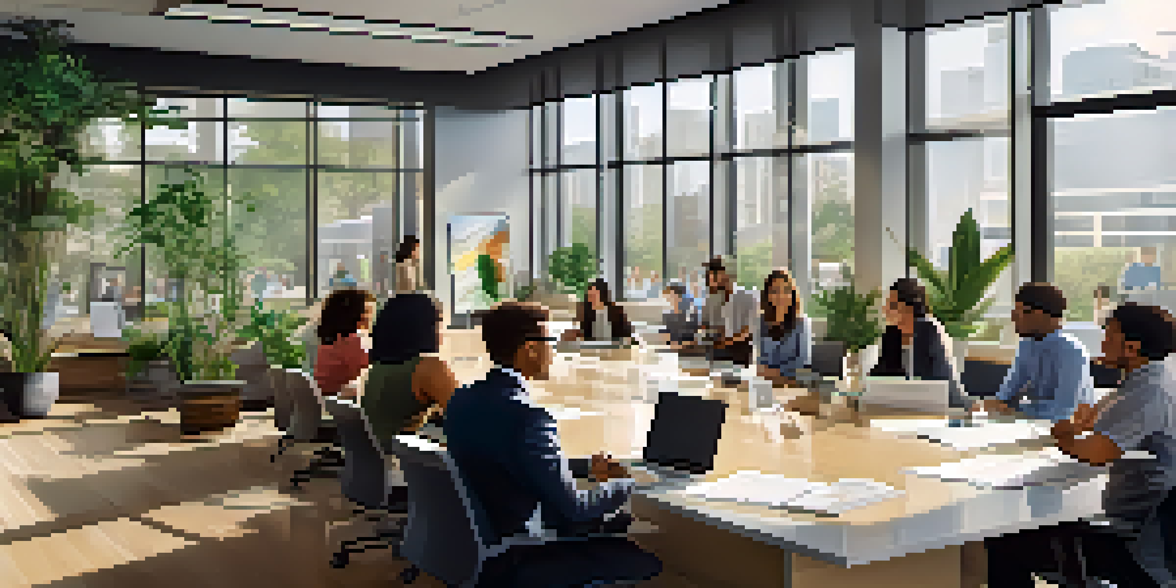 A diverse group of employees in a bright modern office discussing ideas around a conference table.