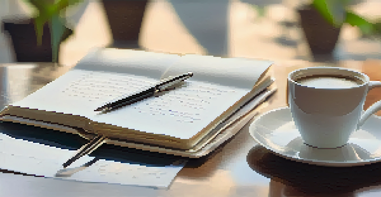 An open notebook with notes, a pen, and a coffee cup beside it, all set against a soft background of a plant, indicating follow-up planning.