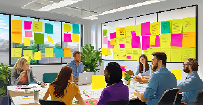 A diverse group of professionals in a bright office space collaborating on ideas, with post-it notes and a whiteboard in view.