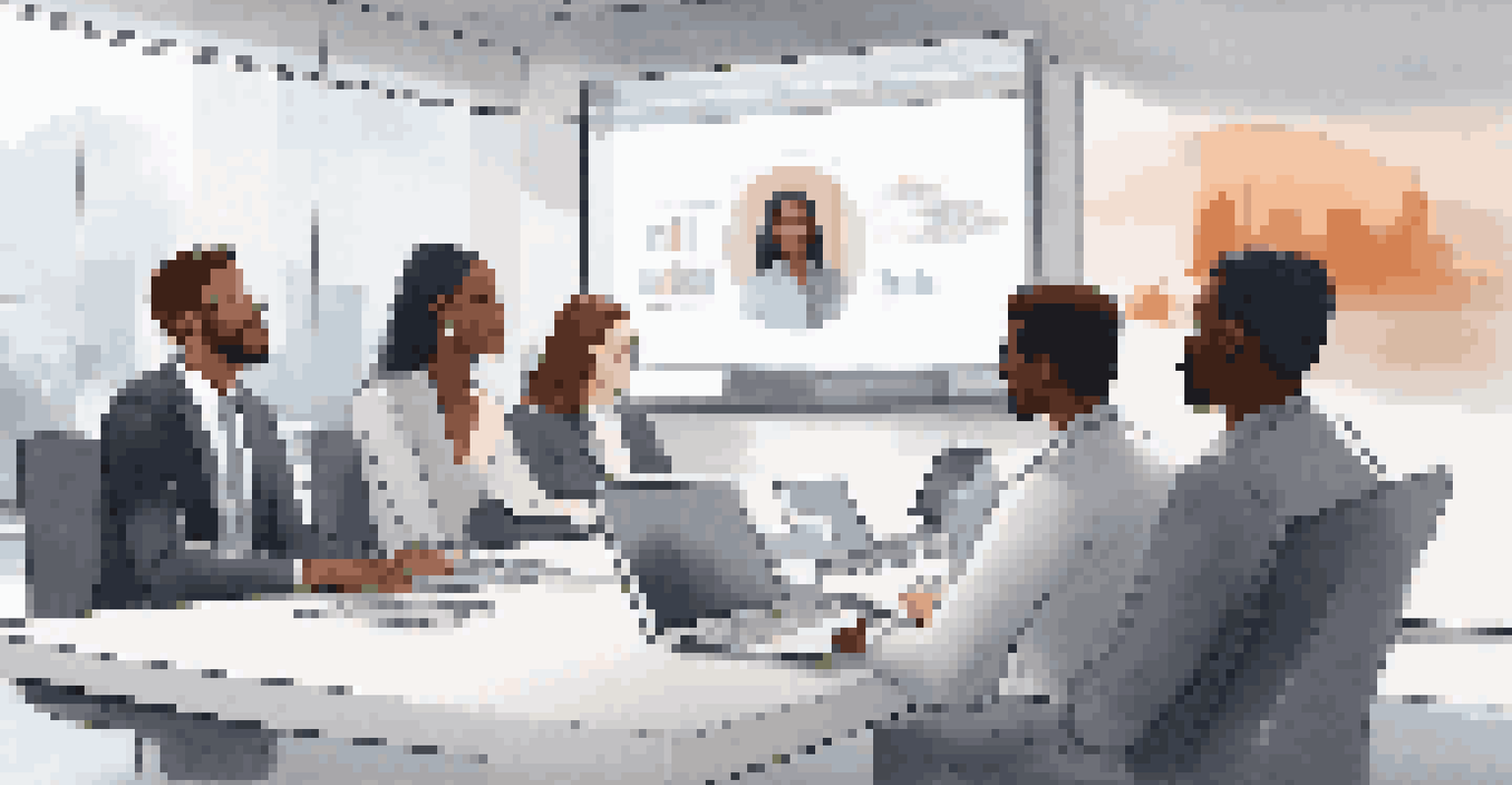 A close-up of employees in a sleek meeting room participating in a video conference, with a large screen displaying other team members.