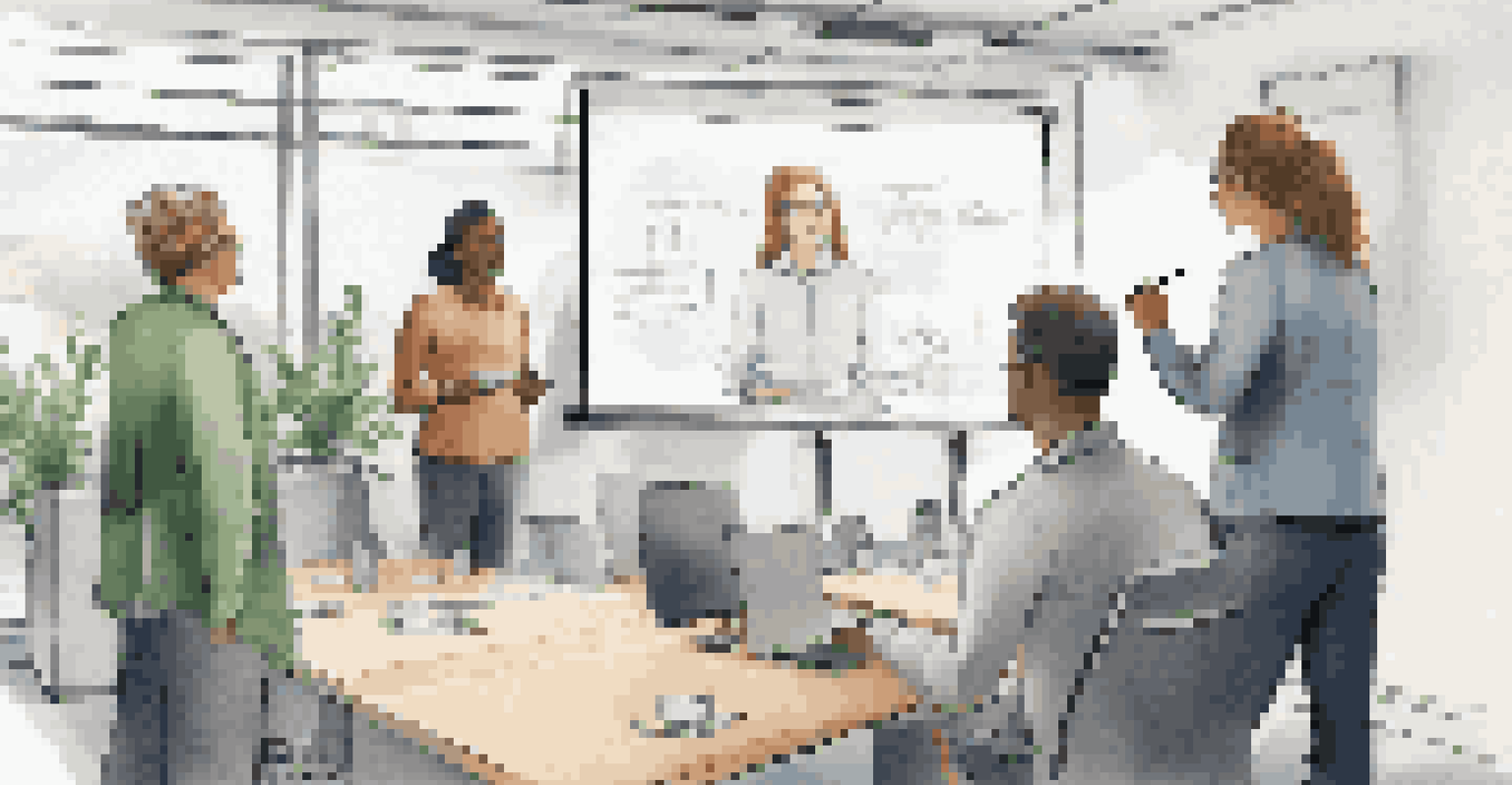 A confident presenter in a modern office presenting to colleagues during a feedback meeting, with a digital screen and engaged audience.