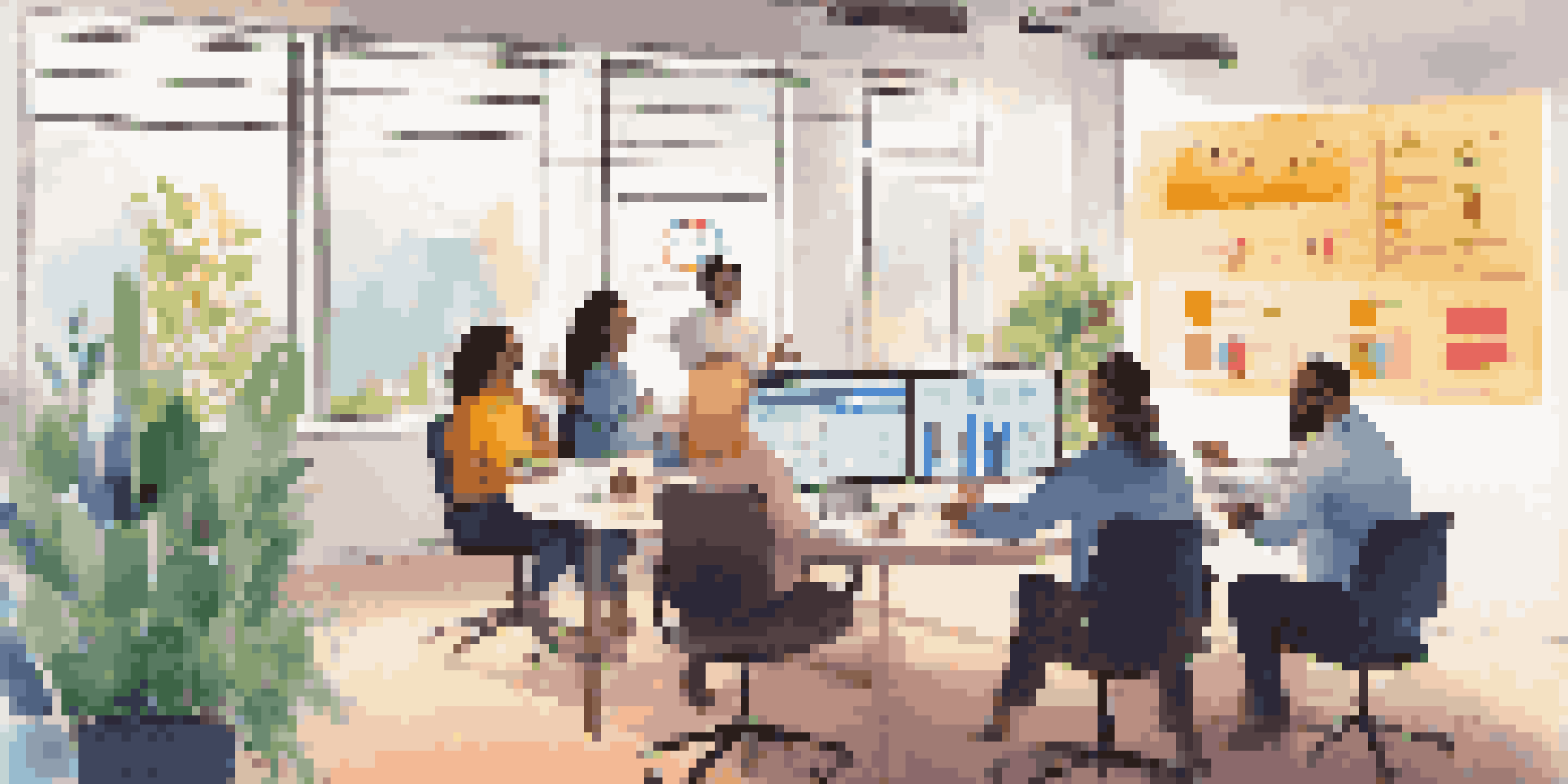 A diverse group of professionals in a virtual meeting, with a monitor showing graphs, sticky notes on the wall, and plants in a well-lit workspace.