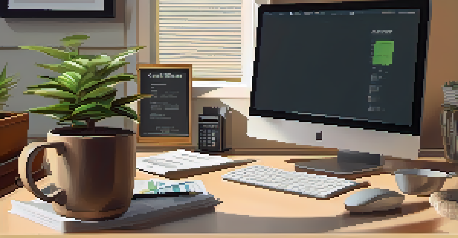 A cozy home office with a computer displaying a credit report, a potted plant, and a cup of coffee, illuminated by warm lighting.