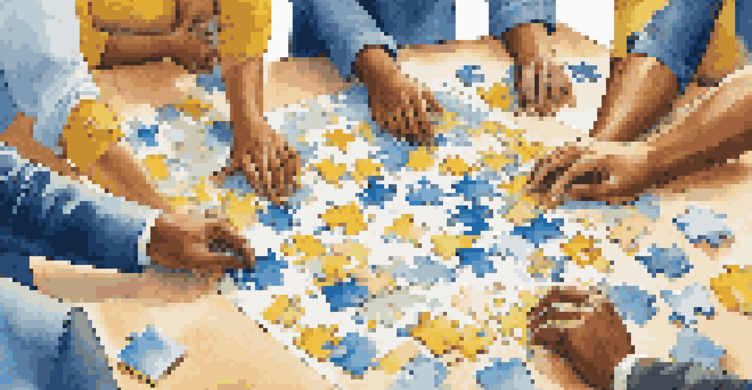 Employees collaborating on a team-building activity, working together to solve a puzzle in an office.