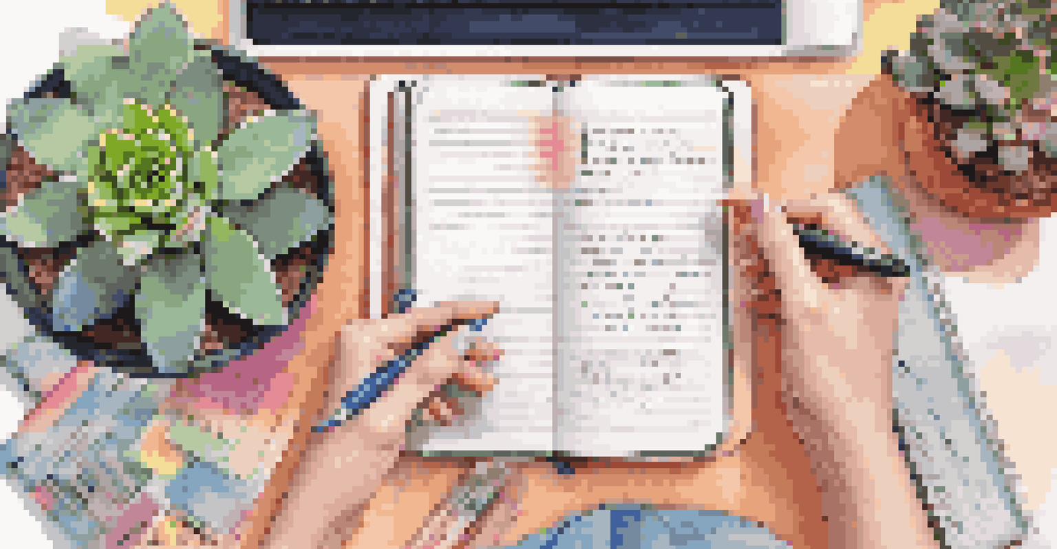 An overhead view of a hand writing in a notebook with colorful stationery and sunlight.