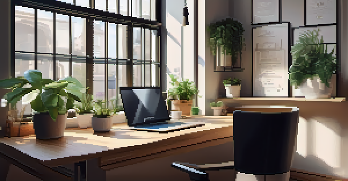 A bright and inviting office workspace with a wooden desk, laptop, potted plants, and a cup of coffee, illuminated by natural light from a window.