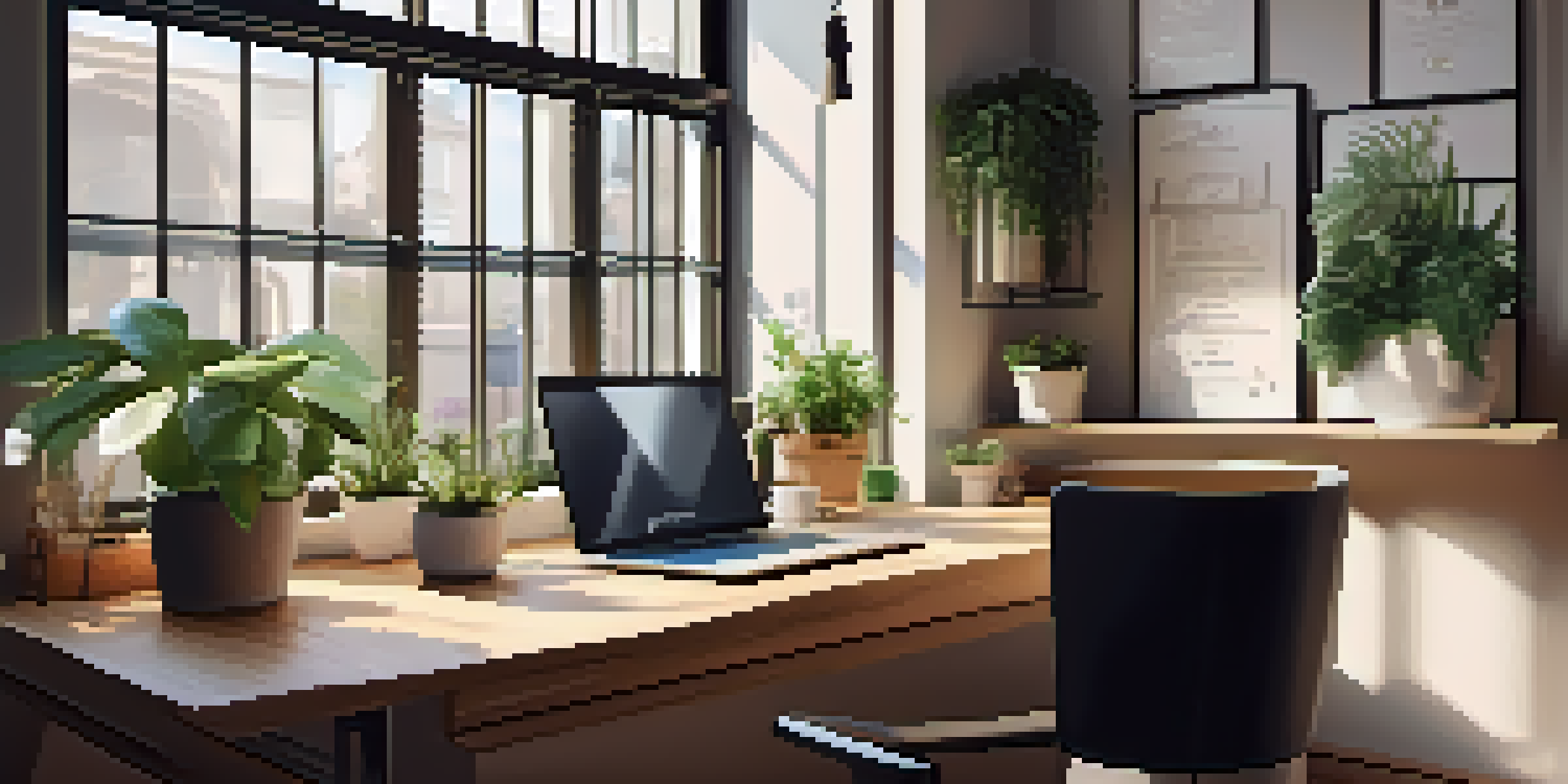 A bright and inviting office workspace with a wooden desk, laptop, potted plants, and a cup of coffee, illuminated by natural light from a window.