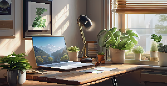 A cozy workspace with a laptop, coffee cup, and houseplants, illuminated by sunlight.