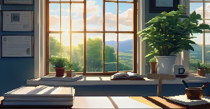 A bright and inviting office space with a wooden desk, books, and a laptop by a large window with sunlight streaming in.