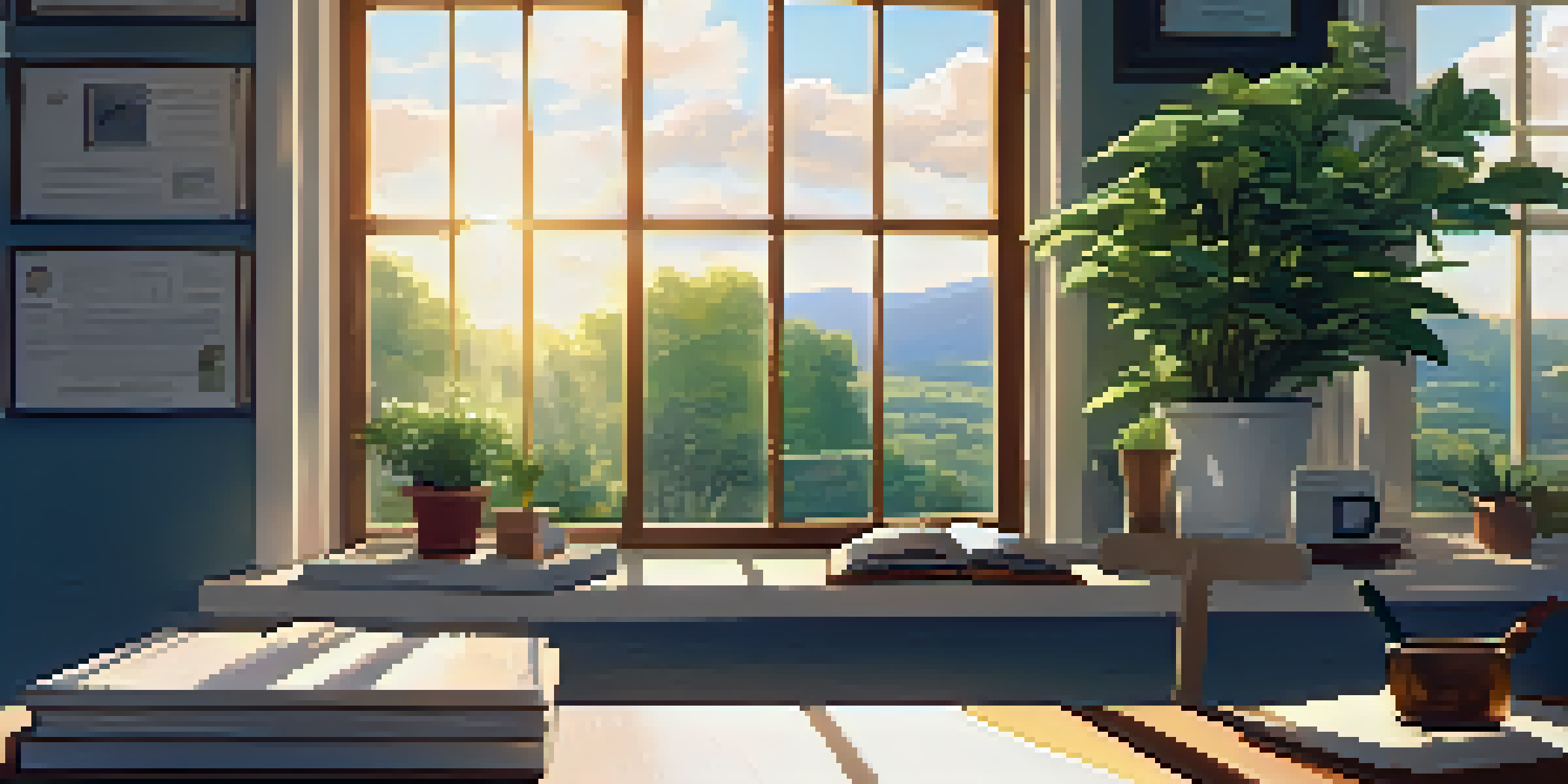 A bright and inviting office space with a wooden desk, books, and a laptop by a large window with sunlight streaming in.