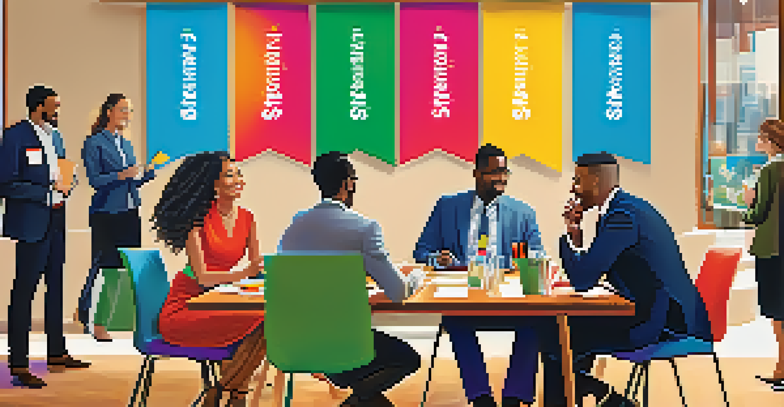 A diverse group of colleagues networking in a conference room, exchanging business cards and discussing ideas.