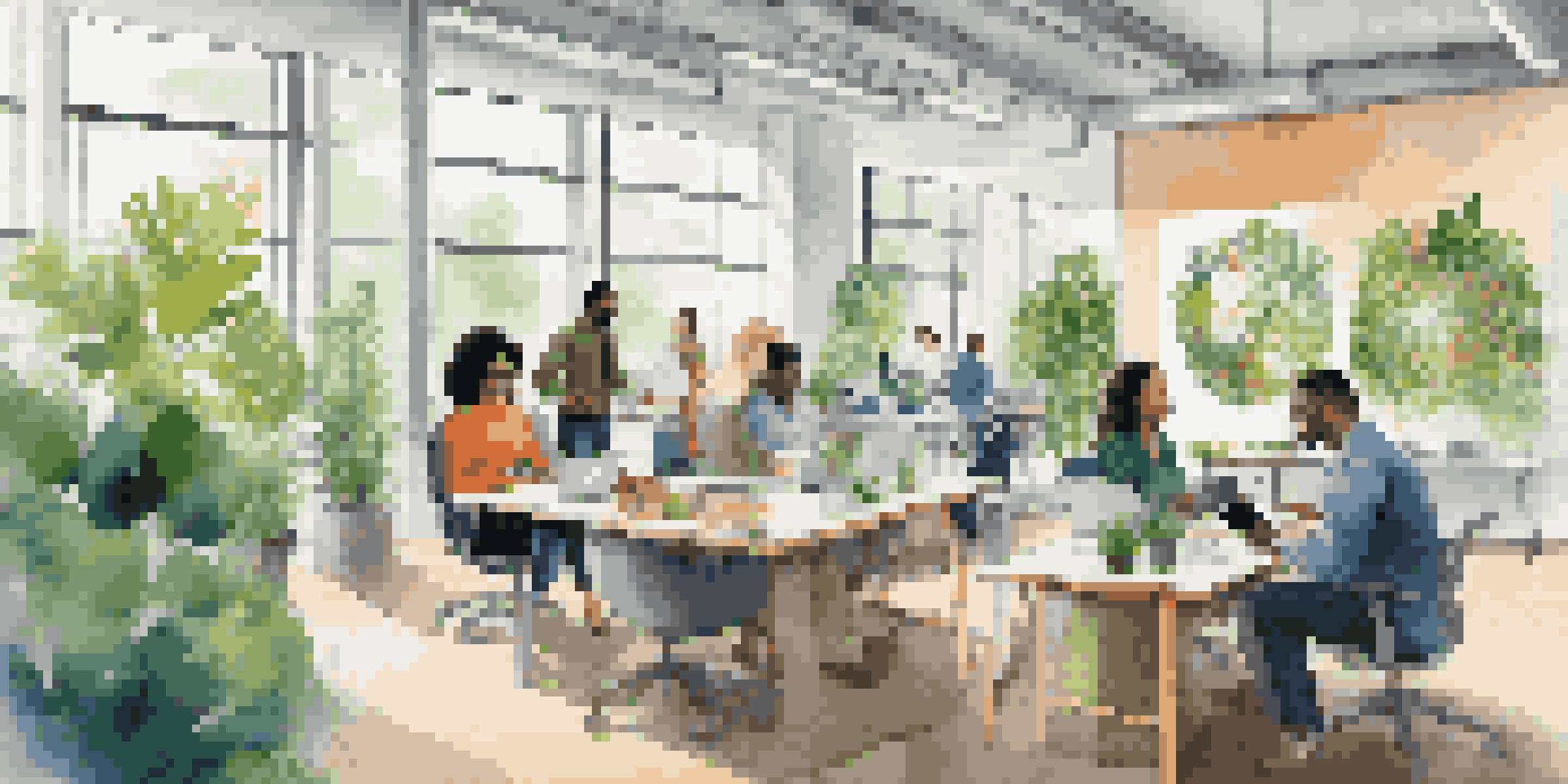 A diverse group of professionals collaborating in a bright office filled with plants, discussing sustainability metrics displayed on digital devices.