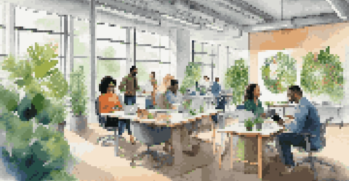 A diverse group of professionals collaborating in a bright office filled with plants, discussing sustainability metrics displayed on digital devices.