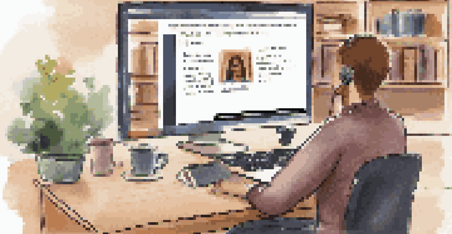 A person attending a virtual workshop on a laptop with notes and a coffee cup on the desk.