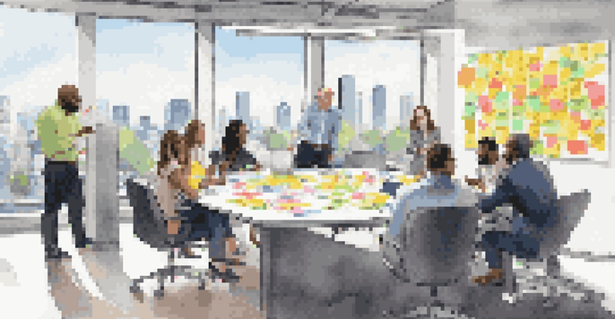 A diverse group of professionals collaborating in a bright conference room, sharing ideas around a table.