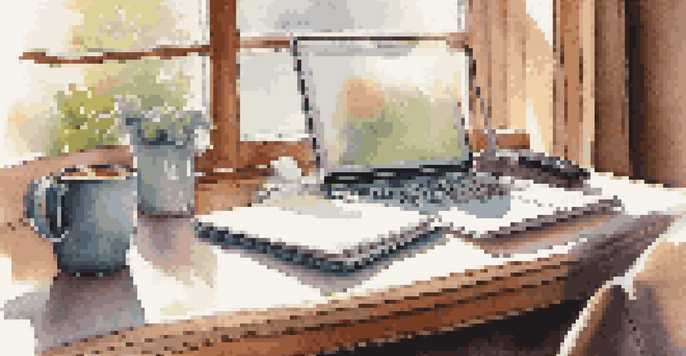 A well-organized desk with a laptop, notepad, and coffee cup illuminated by soft morning light.