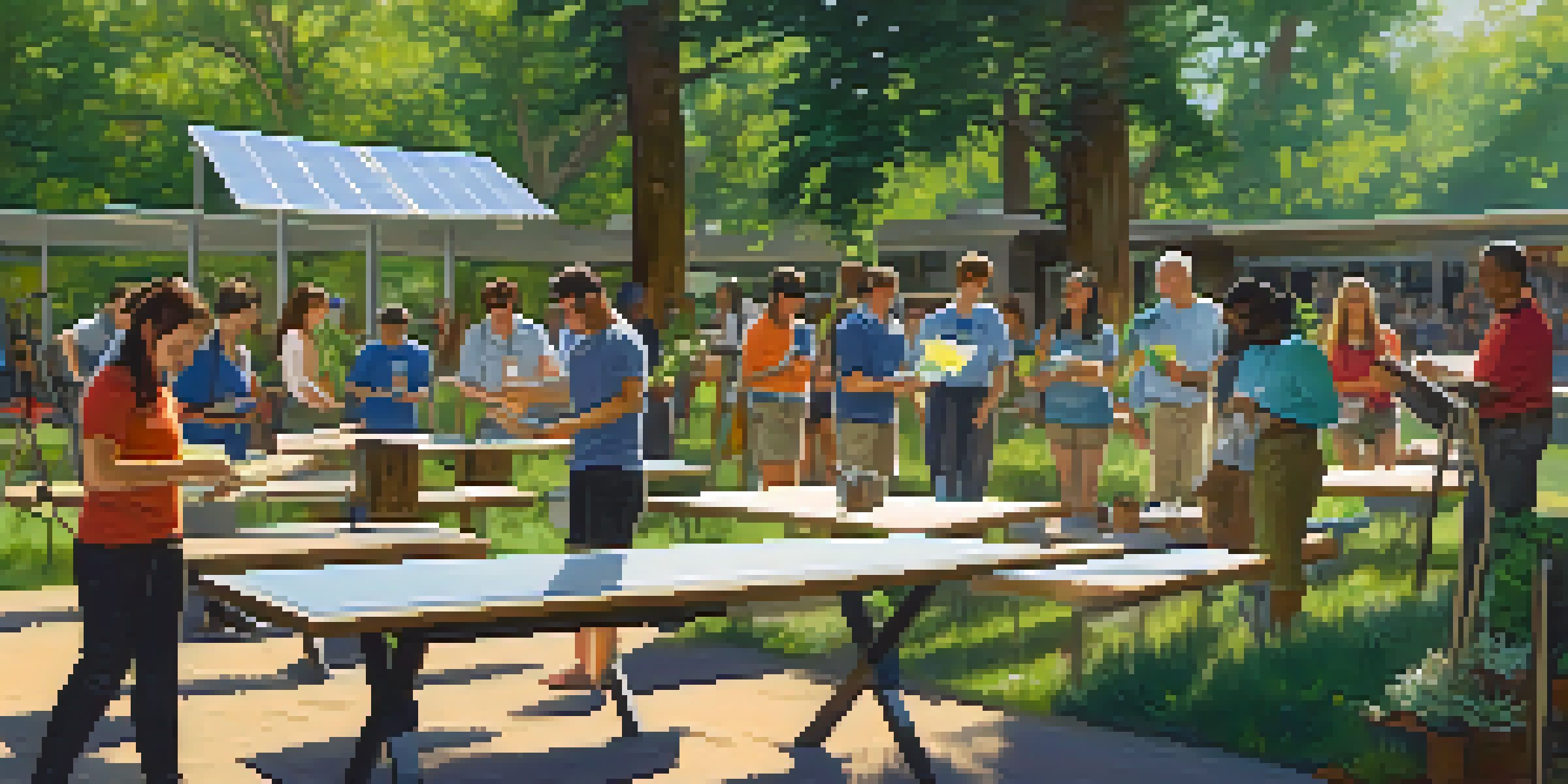 A diverse group of people participates in a hands-on workshop about renewable energy in an outdoor classroom surrounded by nature.