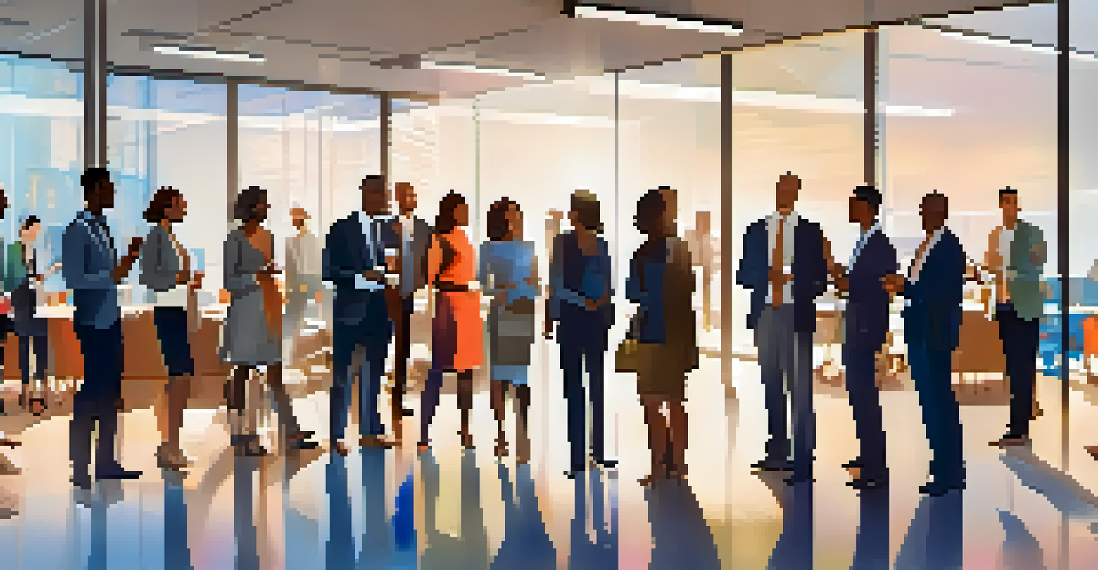 A group of diverse professionals networking in a modern conference room, exchanging ideas and smiling.