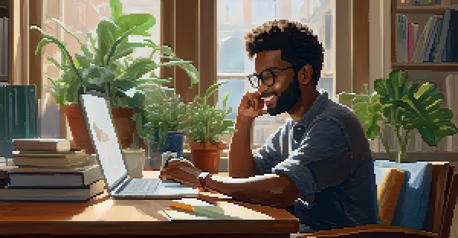 A person engaged in a video call with a mentor while taking notes at a cozy desk, surrounded by books and plants.