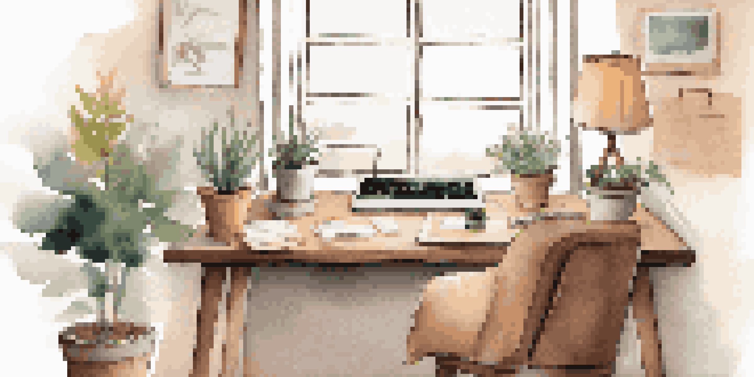 A wooden desk with an open laptop, a cozy chair, a small plant, and a notebook in natural light, creating a serene workspace.
