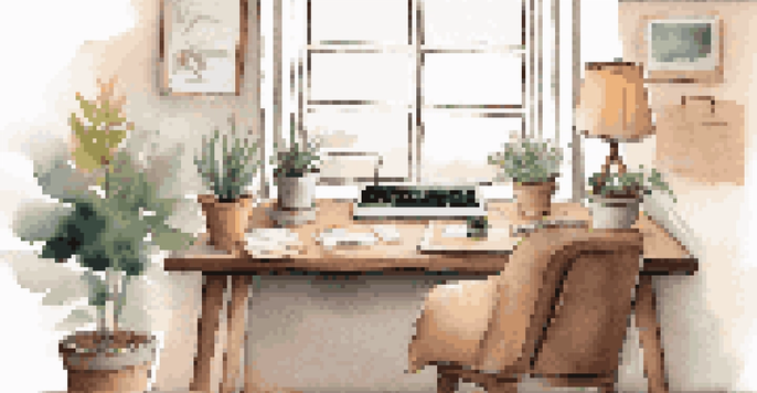 A wooden desk with an open laptop, a cozy chair, a small plant, and a notebook in natural light, creating a serene workspace.
