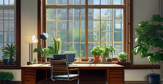 A peaceful office with sunlight streaming through a window, featuring a wooden desk with a laptop and potted plants.