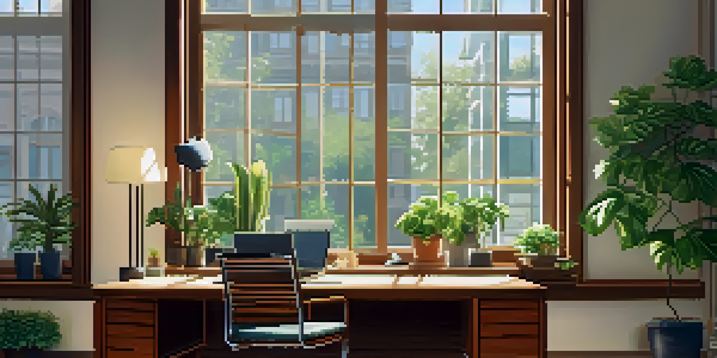 A peaceful office with sunlight streaming through a window, featuring a wooden desk with a laptop and potted plants.