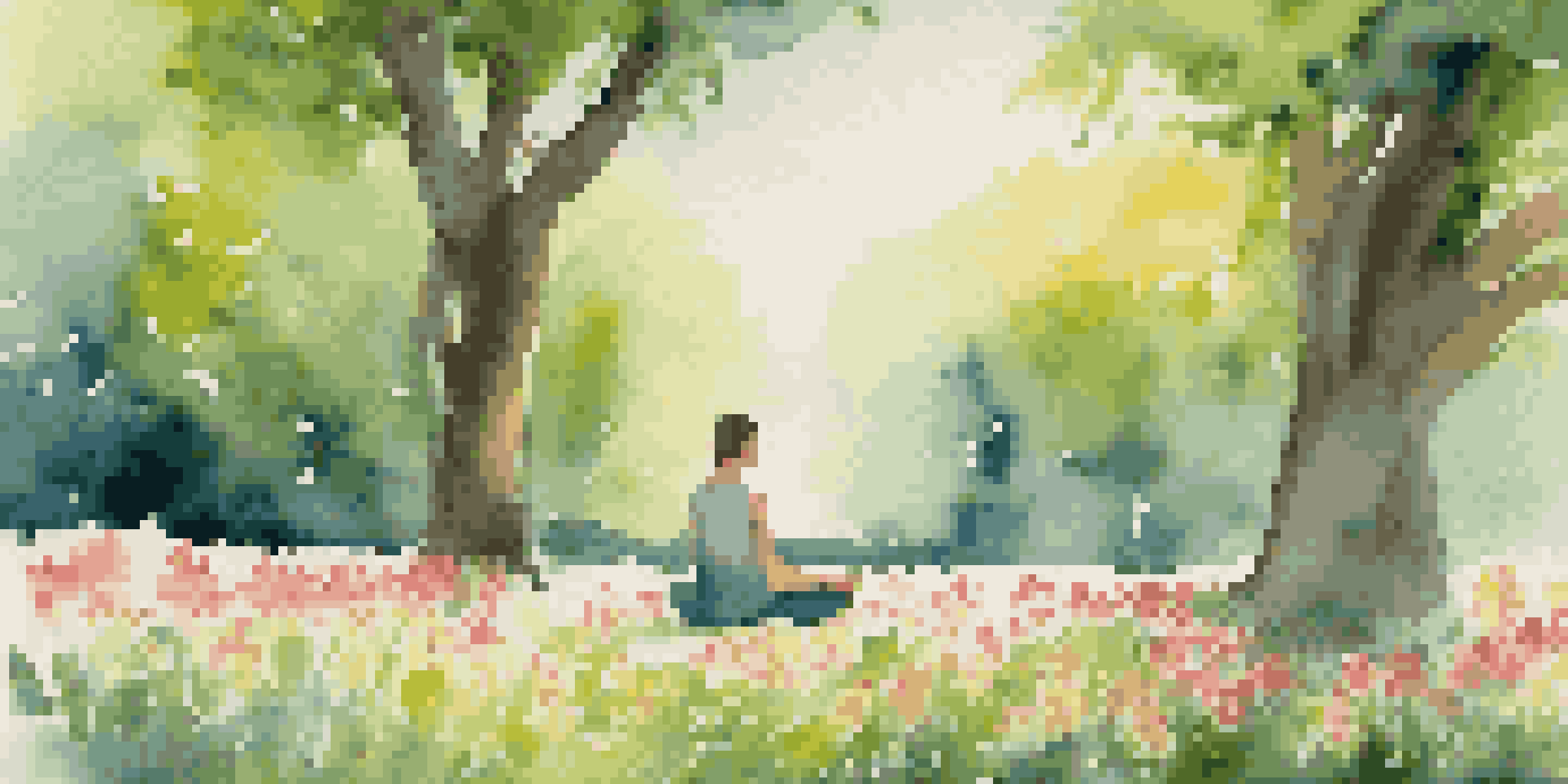 A person meditating in a green park filled with flowers, sunlight filtering through trees, showing tranquility and resilience.