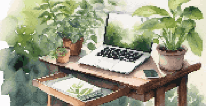 An outdoor workspace with a wooden desk, laptop, coffee cup, and greenery around, illuminated by soft sunlight.