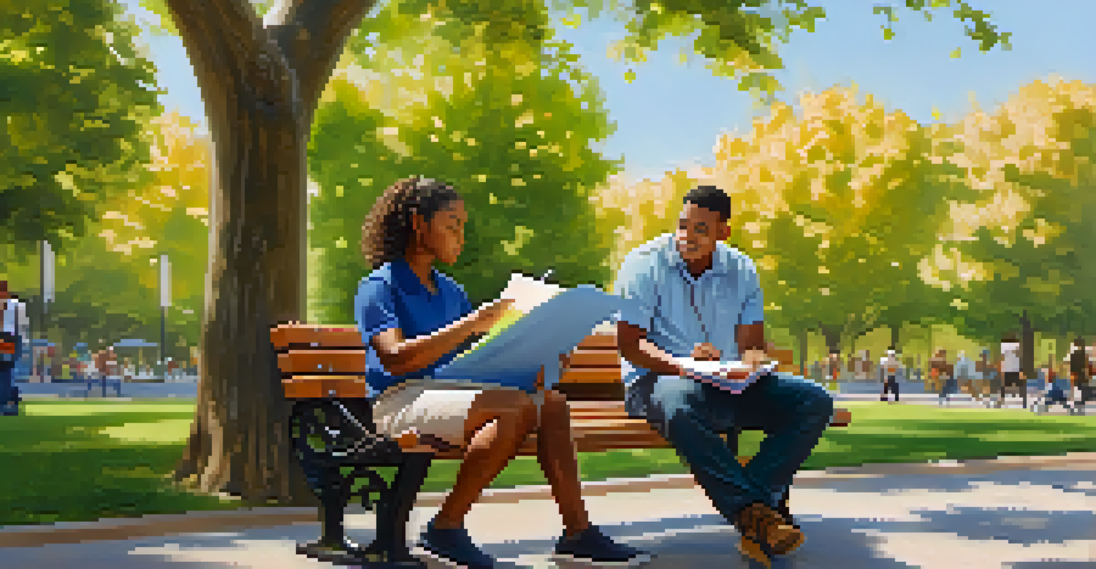 A mentor and mentee discussing career goals on a park bench, surrounded by greenery and warm sunlight.