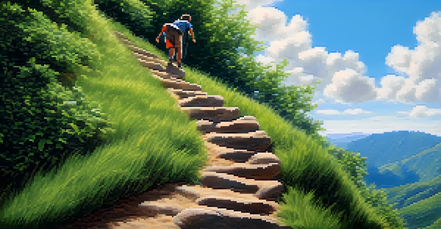 A person climbing a steep hill against a blue sky, symbolizing determination and growth mindset.