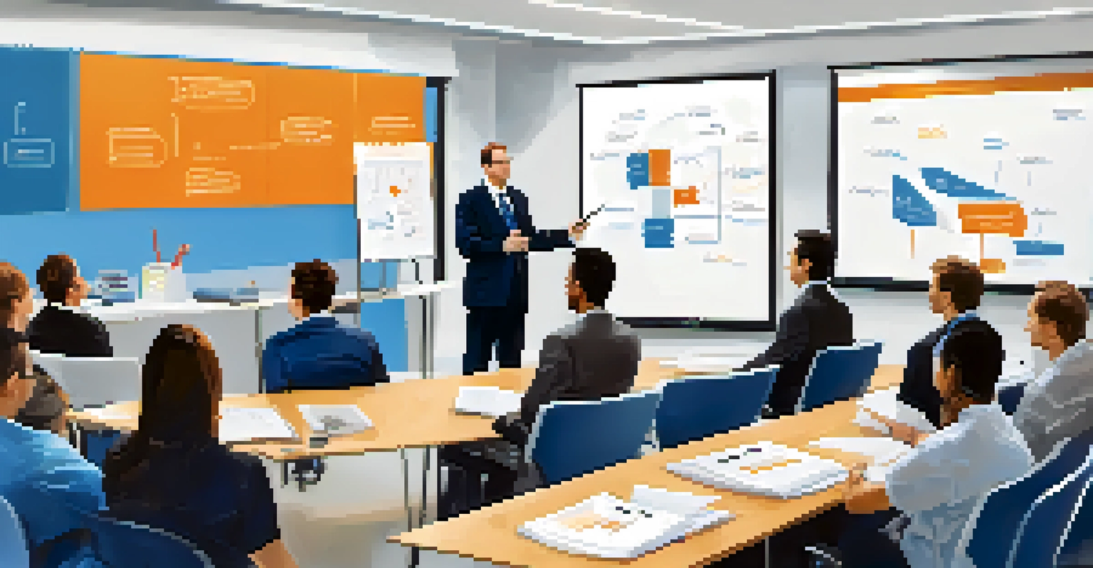 A leader presenting to a small group in a bright office, with a whiteboard filled with clear diagrams, creating an engaging atmosphere.