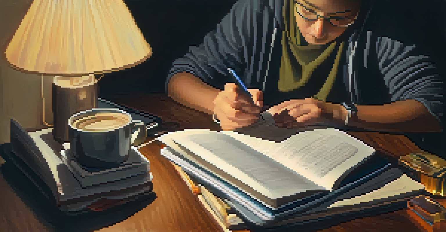 A close-up of a person working on a laptop while taking notes, with textbooks and a smartphone around, in a warm and cozy atmosphere.