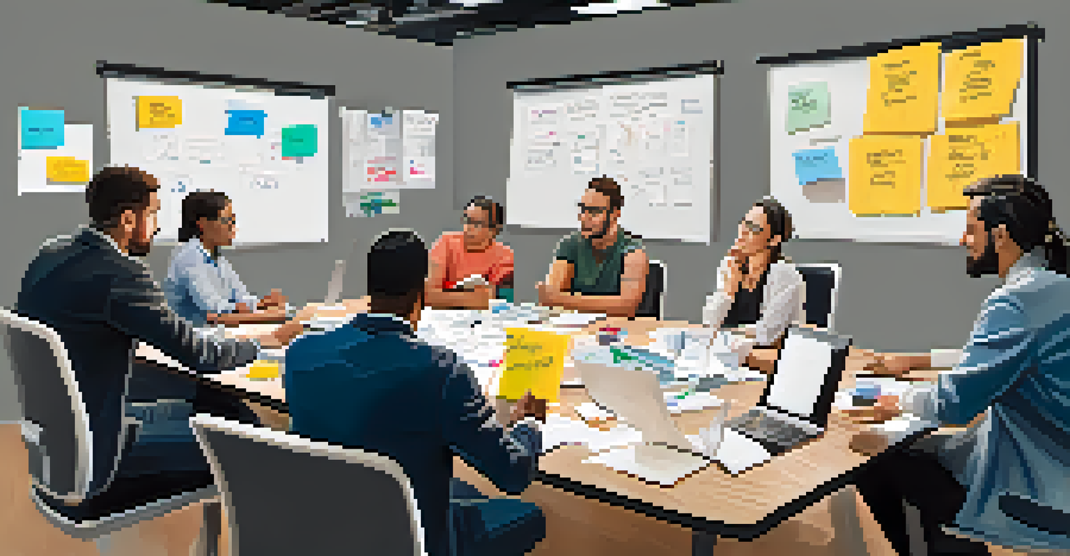 A team collaborating at a table with laptops and sticky notes, showcasing a whiteboard filled with ideas.