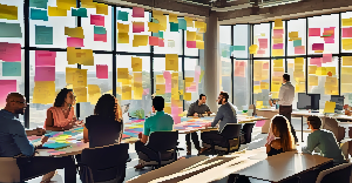 A group of diverse professionals engaged in a brainstorming session in a bright office, surrounded by sticky notes and laptops.
