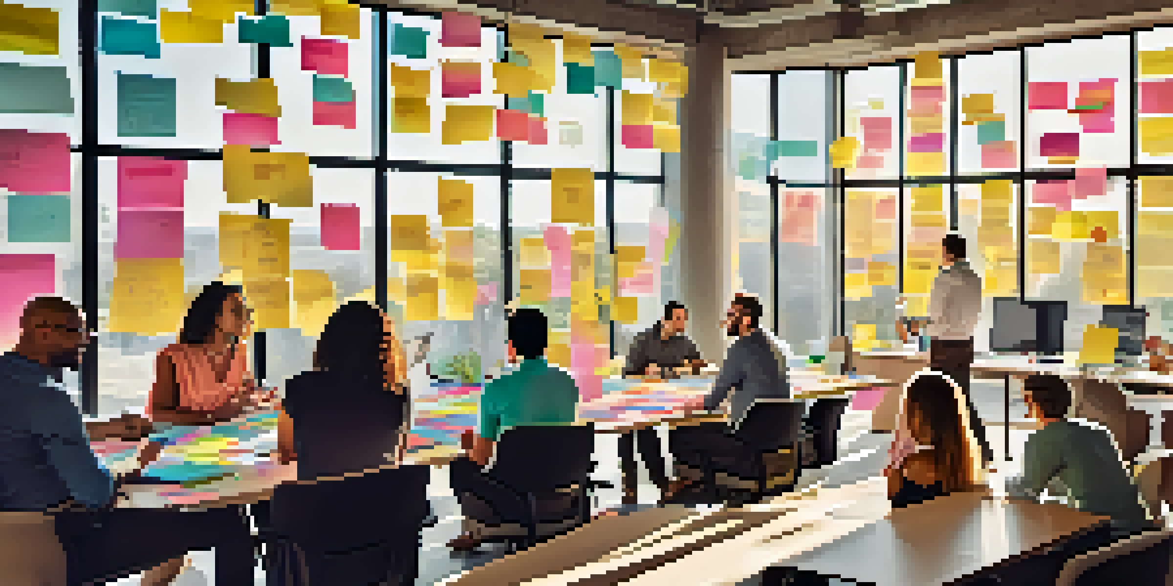 A group of diverse professionals engaged in a brainstorming session in a bright office, surrounded by sticky notes and laptops.