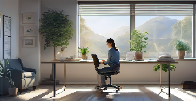 A person sitting at a desk in a bright office, practicing deep breathing with motivational quotes and a plant around them.