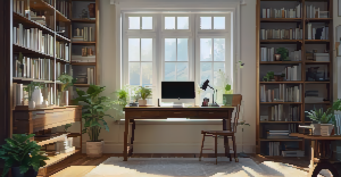 A cozy home office featuring a wooden desk with a laptop, coffee cup, and plant, illuminated by soft natural light from a window.